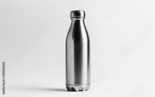 Modern Water Bottle A reusable stainless steel water bottle with a glossy metallic finish, standing upright on a white background.