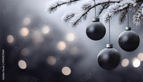 Święta, czarne bombki na choince, kartka świąteczna z miejscem na tekst, życzenia, Merry Christmas, Boże Narodzenie, gwiazdka, efekt bokeh