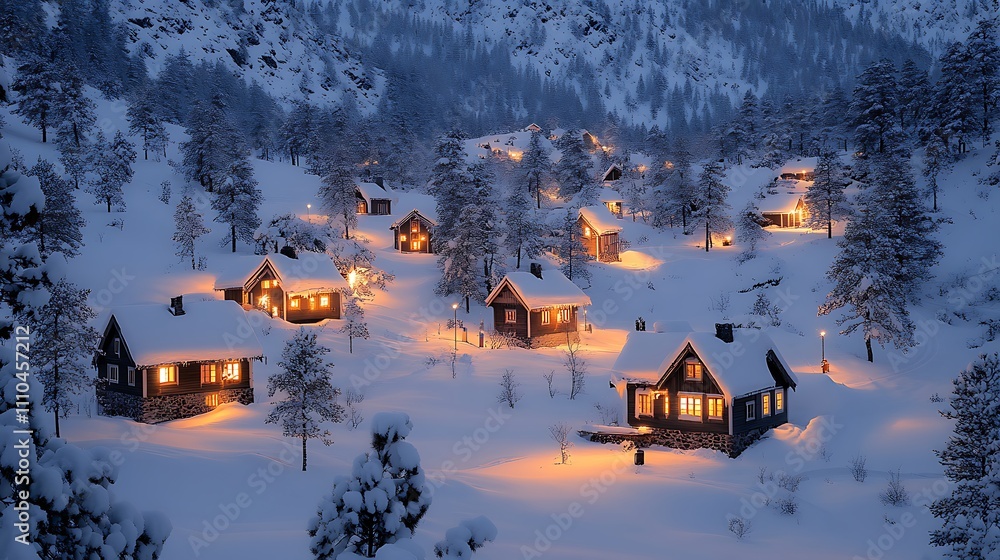 Cozy Dusk in a Snow-Covered Traditional Village Scene Cozy Dusk in a Snow-Covered Traditional Village Scene