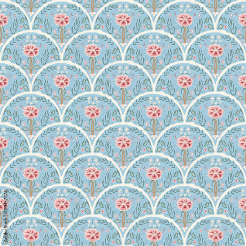 Indian chintz seamless pattern. Modern flower scallop endless background. Floral retro repeat cover. Farmhouse blue and pink continuous ornament. Vector hand drawn digital textile wildflower motif.