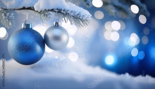 Święta, niebieskie bombki na choince, kartka świąteczna z miejscem na tekst, życzenia, Merry Christmas, Boże Narodzenie, gwiazdka, efekt bokeh