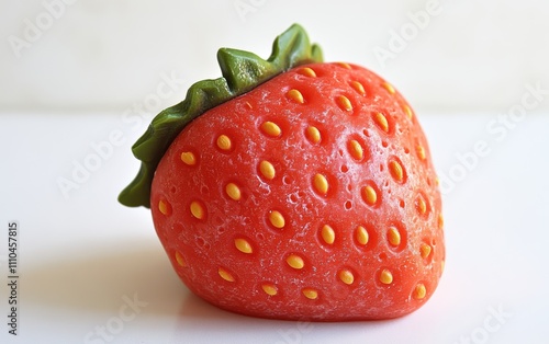 Strawberry Hand Soap A hand soap shaped like a juicy strawberry, with bright red coloring and tiny yellow seeds, topped with a green leafy cap, on a white background. photo