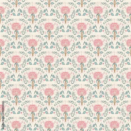 Indian chintz seamless pattern. Modern flower scallop endless background. Floral retro pink peony repeat cover. Farmhouse continuous ornament. Vector hand drawn pattern digital textile wildflower.
