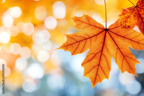 A vibrant orange maple leaf hangs gracefully, surrounded by soft bokeh, symbolizing the beauty of autumn.