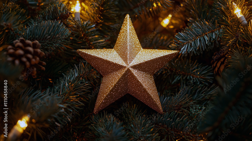 Golden Stars Adorning Pine Trees, Creating a Magical Atmosphere for Christmas Golden Stars Adorning Pine Trees, Creating a Magical Atmosphere for Christmas