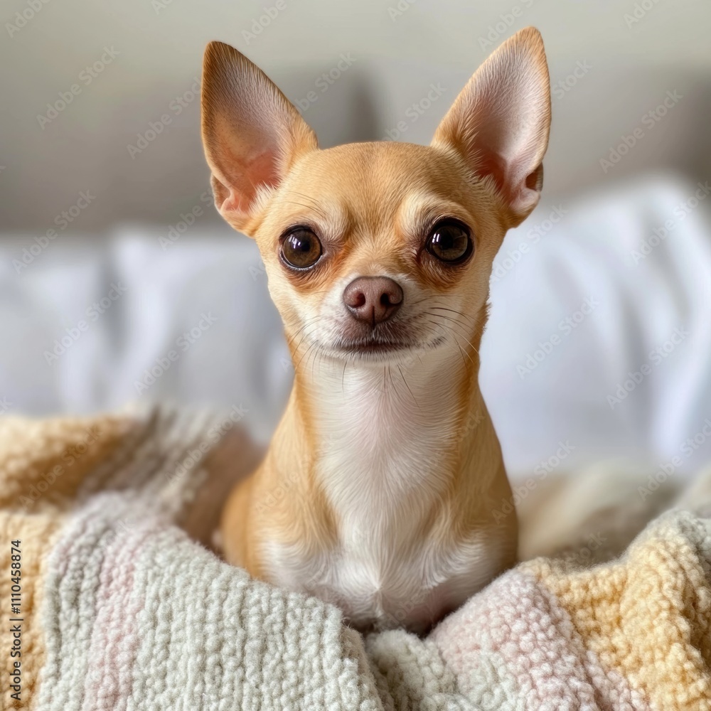 A curious chihuahua sitting on a pastel-colored blanket indoors, with its big eyes looking directly at the viewer A curious chihuahua sitting on a pastel-colored blanket indoors, with its big eyes looking directly at the viewer
