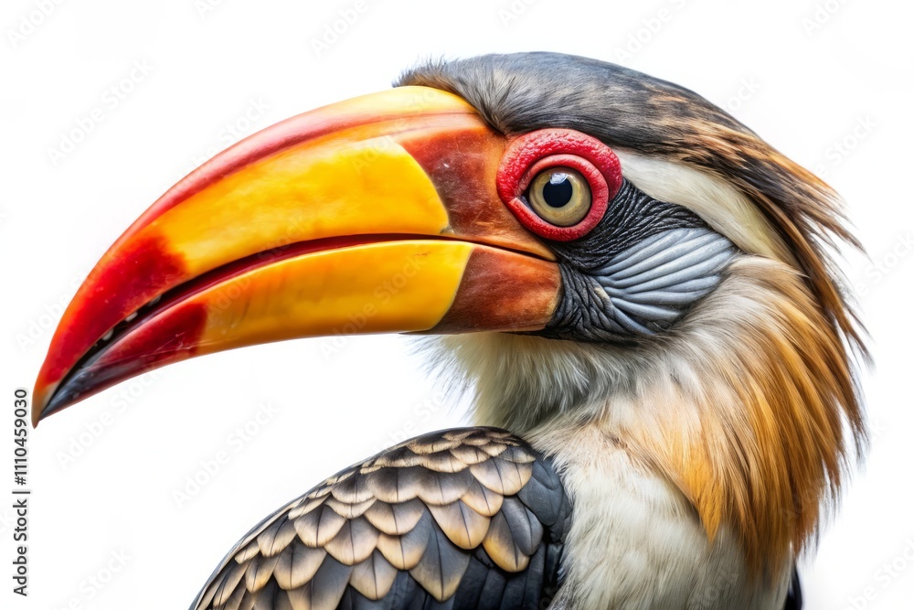 Fototapeta premium Captivating Hornbill Isolated on White Background, Showcasing Unique Features and Colors for Nature Enthusiasts, Bird Lovers, and Wildlife Photography Collections