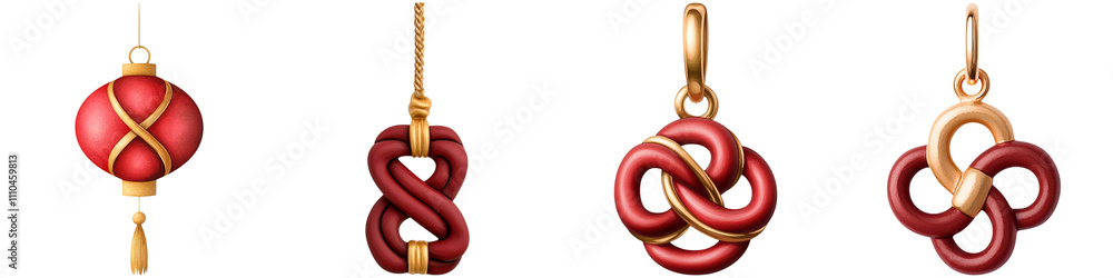 Obraz premium Chinese New Year festival and symbolism, A collection of ornate red and gold pendants featuring intricate knot designs and a lantern shape.