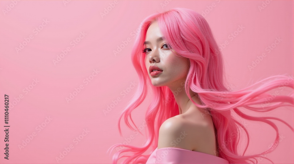The woman stands elegantly in profile against a pastel pink background, her long pink hair cascading around her, creating a captivating and ethereal look that highlights her pose and attire The woman stands elegantly in profile against a pastel pink background, her long pink hair cascading around her, creating a captivating and ethereal look that highlights her pose and attire