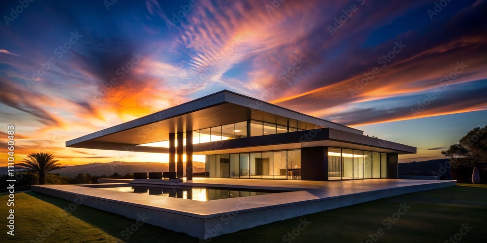 Obraz premium Captivating Silhouette of Advanced Modernist Villa Architecture with Intricate Light and Shadow Play, Showcasing Design Elegance in Architectural Photography