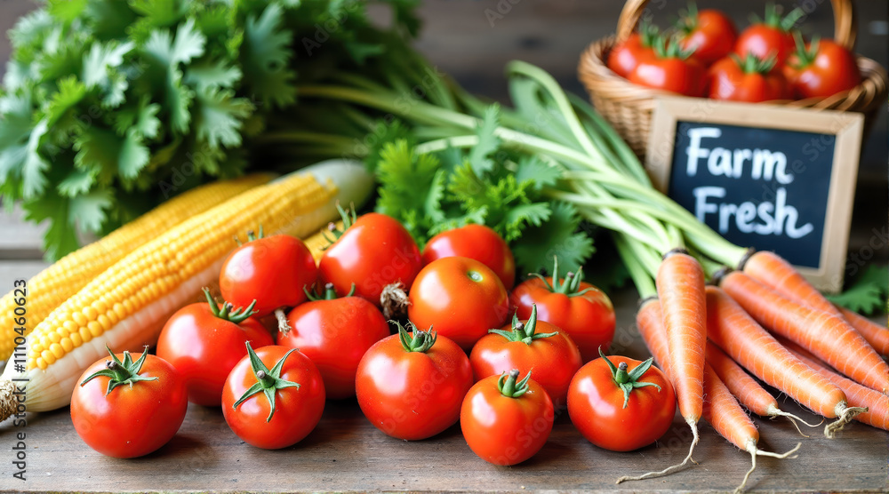 Fresh produce arrangement with tomatoes, corn, carrots, and herbs at a farm market on a sunny day Fresh produce arrangement with tomatoes, corn, carrots, and herbs at a farm market on a sunny day