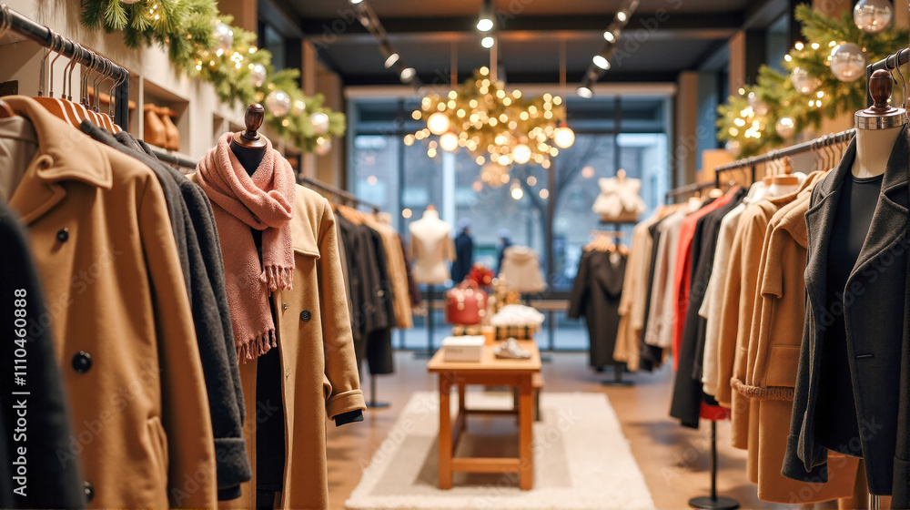 Naklejka premium Stylish clothing display in a cozy boutique decorated for the holiday season