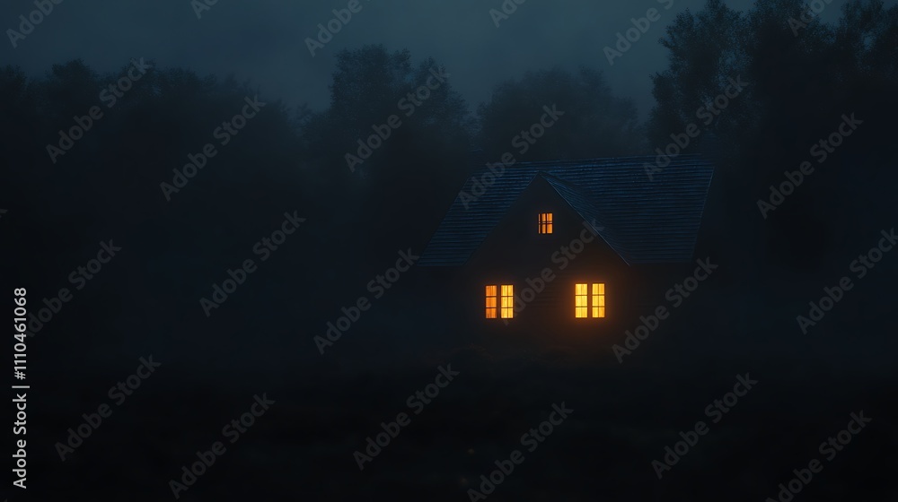 House standing prominently with illuminated windows against blackened sky image House standing prominently with illuminated windows against blackened sky image