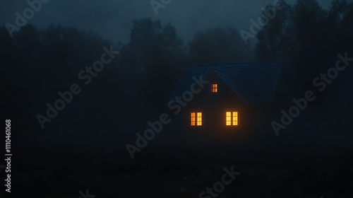 House standing prominently with illuminated windows against blackened sky image