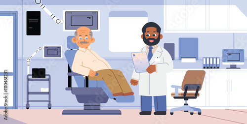 Young doctor examining elderly patient in modern office room. Health care hospital vector illustration
