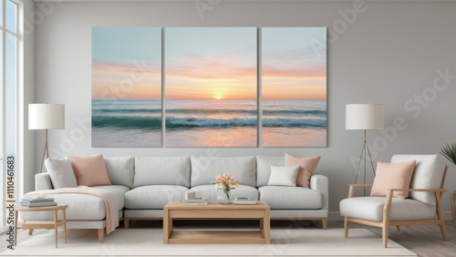 Beautiful split-panel art mockup of a serene beach canvas hanging in a chic, modern space.