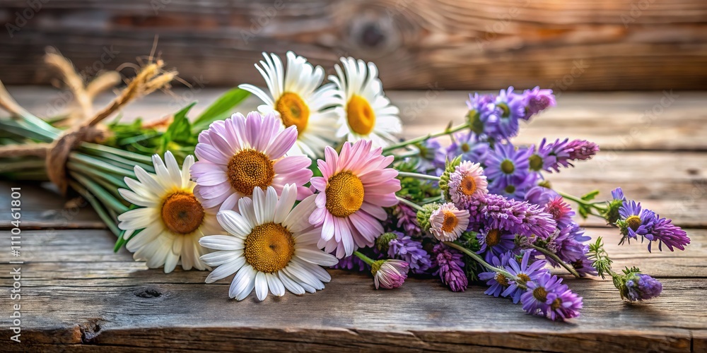 Fototapeta premium Charming Bouquet of Daisies and Lavender on Rustic Wooden Table with Warm Mood and Copy Space for Text Overlay in Urban Exploration Photography Style