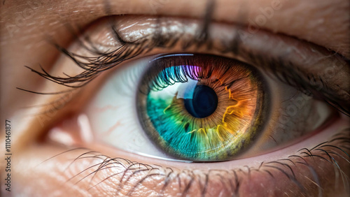 A close-up of a human eye, capturing intricate details of the iris with vibrant color patterns, natural lashes