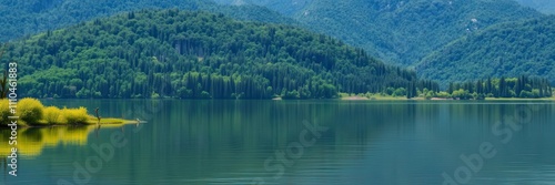A peaceful forest lake reflecting the surrounding trees and mountain, natural beauty, quiet, harmony
