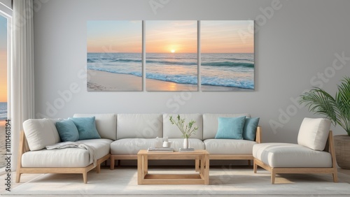 Elegant multi-panel wall art mockup with serene ocean canvas panels in a cozy living room.