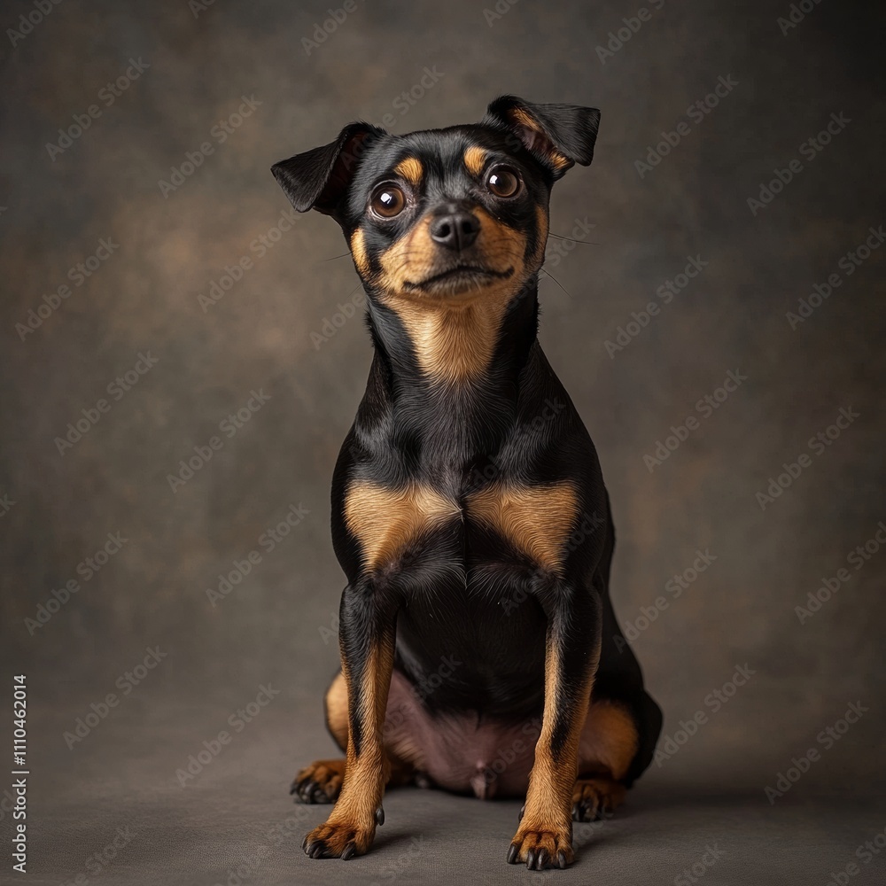 Black and tan miniature pinscher sitting gracefully on a neutral studio background, showing its sleek fur and alert expression Black and tan miniature pinscher sitting gracefully on a neutral studio background, showing its sleek fur and alert expression