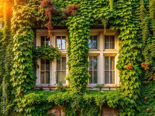 Charming Ivy-Covered Window on a White Residential Building Bathed in Sunny Light, Showcasing Urban Architecture and Lush Gardening Elements