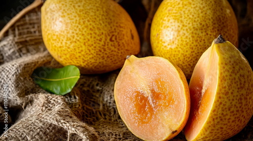 Close-up of yellow mamey sapote with its soft orange pulp highlighted photo