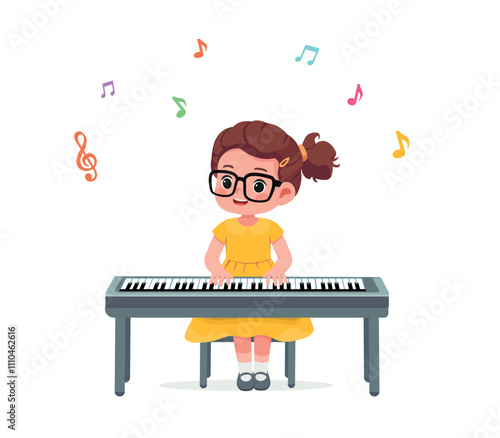  kid girl play piano and feeling happy