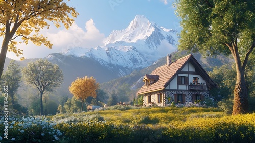 Idyllic house surrounded by greenery with mountain painting the background picture