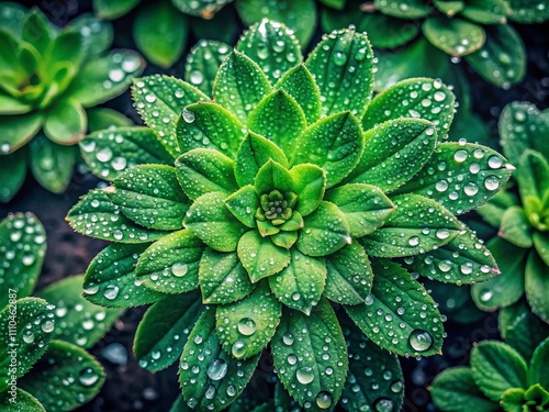 Close-Up Aerial View of a Green Plant with Water Droplets on Leaves Against a Softly Blurred Background, Perfect for Nature and Botanical Themes in Stock Photography photo