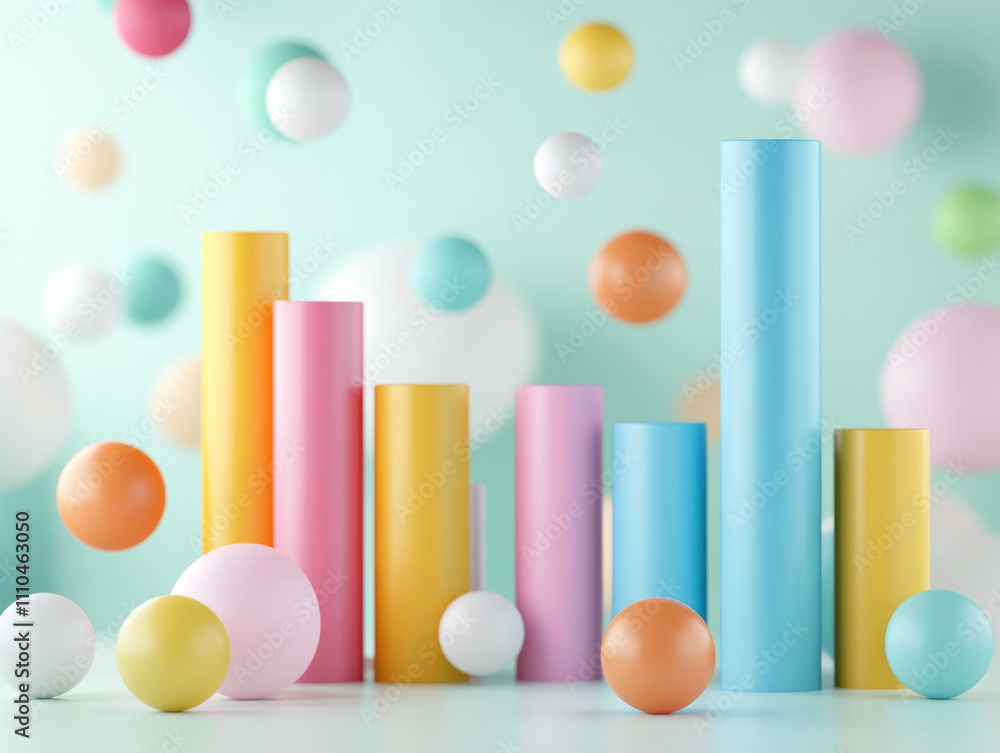 Colorful bar graph with floating spheres, illustrating data growth. Colorful bar graph with floating spheres, illustrating data growth.