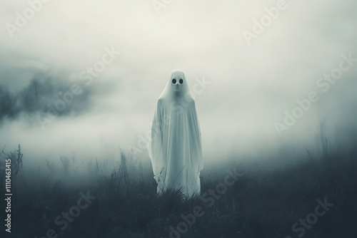 A ghostly figure in a foggy landscape creates an eerie, atmospheric scene. photo