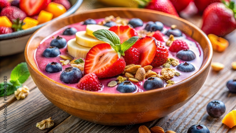 Close-Up of a Vibrant Smoothie Bowl with Fresh Fruits and Nuts, Showcasing a Tilt-Shift Effect for a Miniature Look, Perfect for Healthy Eating and Breakfast Inspiration Close-Up of a Vibrant Smoothie Bowl with Fresh Fruits and Nuts, Showcasing a Tilt-Shift Effect for a Miniature Look, Perfect for Healthy Eating and Breakfast Inspiration