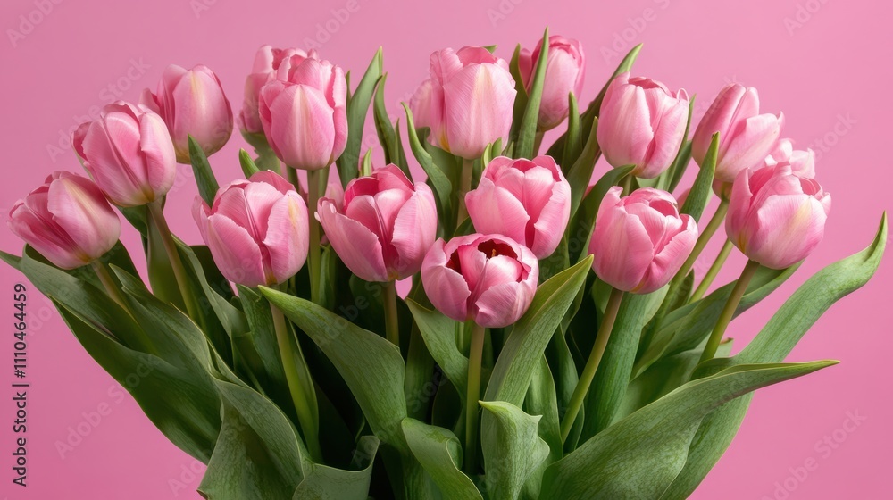 Fototapeta premium Beautiful composition spring flowers. Bouquet of pink tulips flowers on pastel pink background. Valentine's Day, Easter, Birthday, Happy Women's Day, Mother's Day.
