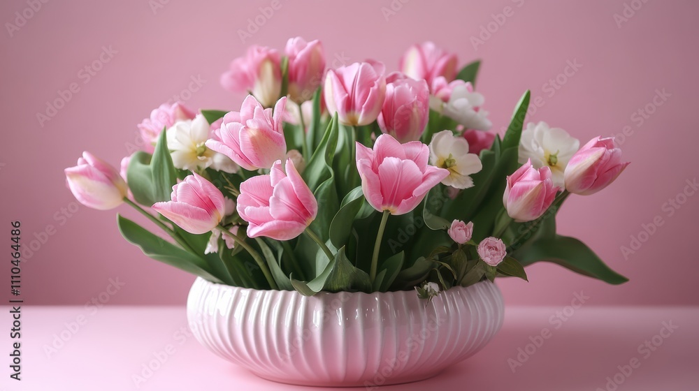 Obraz premium Beautiful composition spring flowers. Bouquet of pink tulips flowers on pastel pink background. Valentine's Day, Easter, Birthday, Happy Women's Day, Mother's Day.