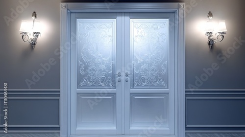 Classic interior double doors with decorative frosted glass and floral detailing. Surrounded by a refined wall design with two wall-mounted lights, the space exudes a sophisticated and timeless ambian photo