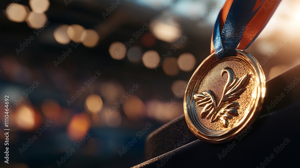 Close-up of a Gold Medal with a Detailed Design, Awarded at a Competition Close-up of a Gold Medal with a Detailed Design, Awarded at a Competition