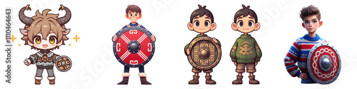 Cute cartoon on transparent background concept. Five stylized characters holding shields, each with unique designs and outfits, showcasing a variety of armor styles and playful aesthetics. photo