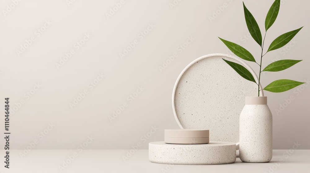 Minimalist eco-product display with soft neutral tones, natural textures, and recycled materials; featuring clean typography in harmony with green leaves