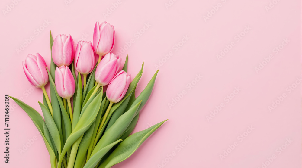 Beautiful composition spring flowers. Bouquet of pink tulips flowers on pastel pink background. Valentine's Day, Easter, Birthday, Happy Women's Day, Mother's Day. Flat lay, top view, copy space Beautiful composition spring flowers. Bouquet of pink tulips flowers on pastel pink background. Valentine's Day, Easter, Birthday, Happy Women's Day, Mother's Day. Flat lay, top view, copy space