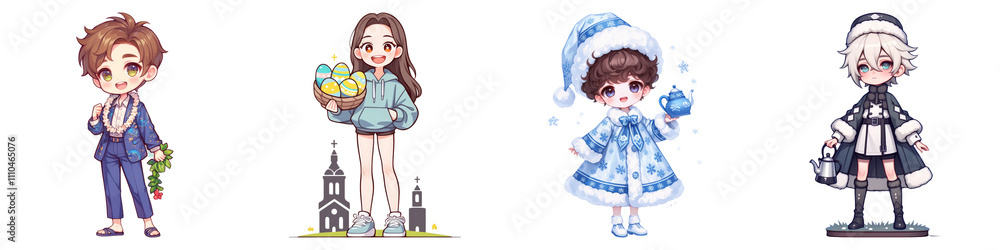 Cute cartoon on transparent background concept. Four stylized characters in various outfits, showcasing unique fashion styles and vibrant colors, each with distinct accessories and expressions. Cute cartoon on transparent background concept. Four stylized characters in various outfits, showcasing unique fashion styles and vibrant colors, each with distinct accessories and expressions.