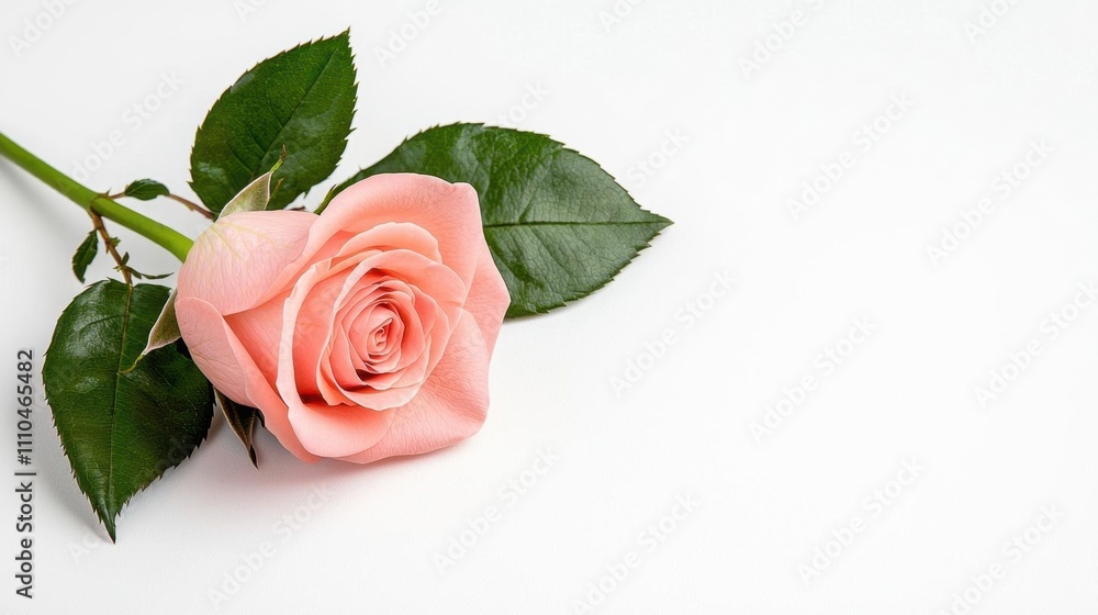 Naklejka premium A photostock of a beautiful pink rose bouquet with lush green leaves, isolated on a white background, romantic and elegant. High Quality