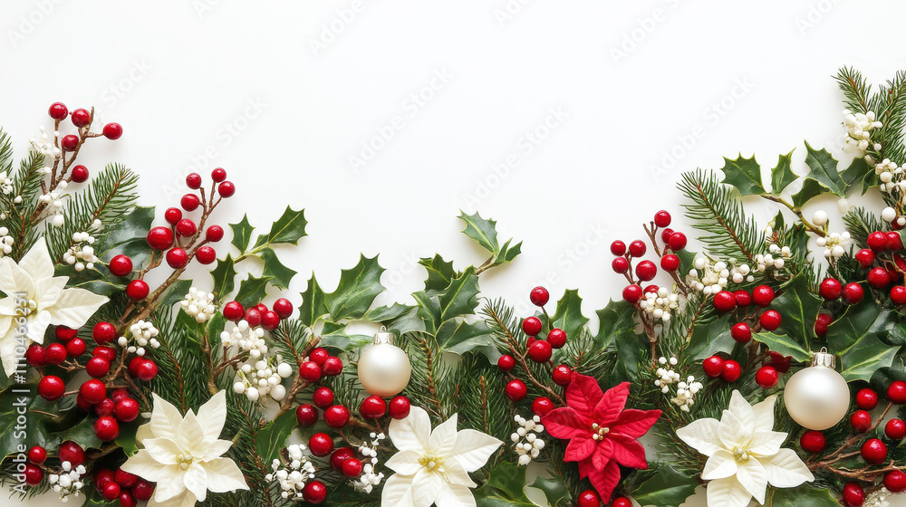 Aesthetic Christmas frame with green branches, red and white berries and flowers, copy space. Generative AI Aesthetic Christmas frame with green branches, red and white berries and flowers, copy space. Generative AI