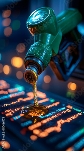 A green gas pump with oil dripping from the nozzle, set against a clean white background, symbolizing energy consumption, fossil fuels, and environmental impact. The image highlights the themes of sus photo