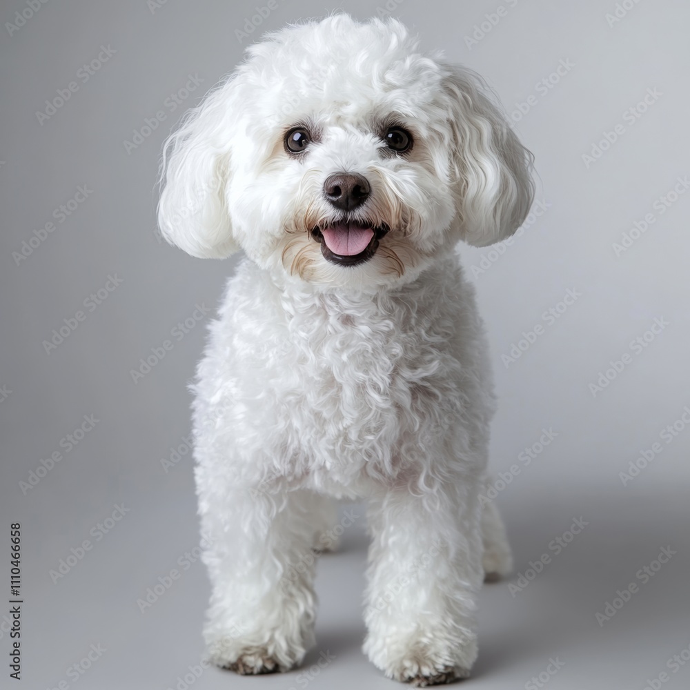 Isolated studio shot of a cheerful bichon frise with fluffy white fur, standing and looking directly at the camera Isolated studio shot of a cheerful bichon frise with fluffy white fur, standing and looking directly at the camera