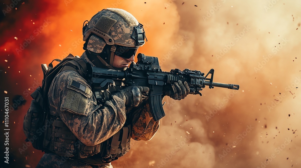 A soldier in camouflage gear fires a rifle, with smoke and debris exploding behind him. A soldier in camouflage gear fires a rifle, with smoke and debris exploding behind him.