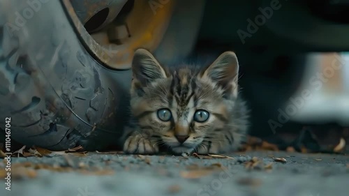 Video recreation of a street cute kitten under a old car	 photo