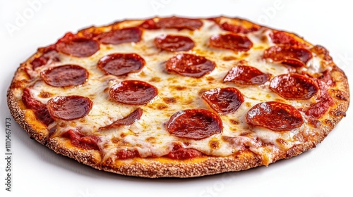 A photostock of a crispy pepperoni pizza with melted cheese, displayed on a clean white background, warm and delicious. High Quality