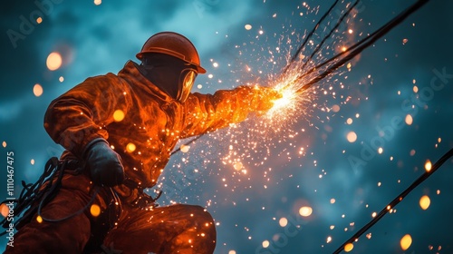 Electrician at work, sparks flying, night scene, high voltage power lines,