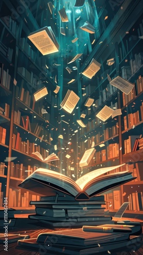 Surreal scene of levitating books and pages floating through a majestic library symbolizing the power of knowledge creativity and intellectual discovery
